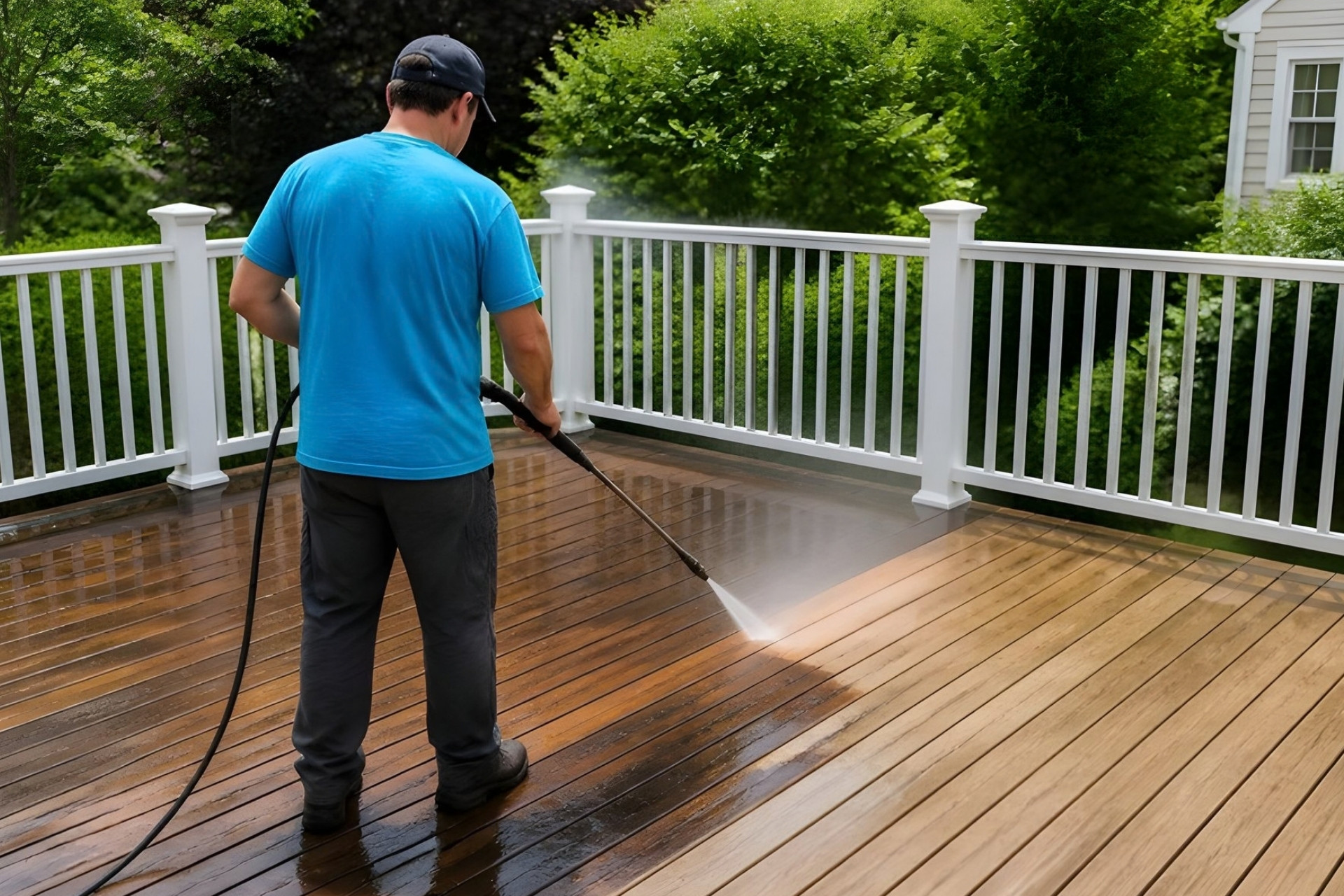 Worker power washing a wooden deck