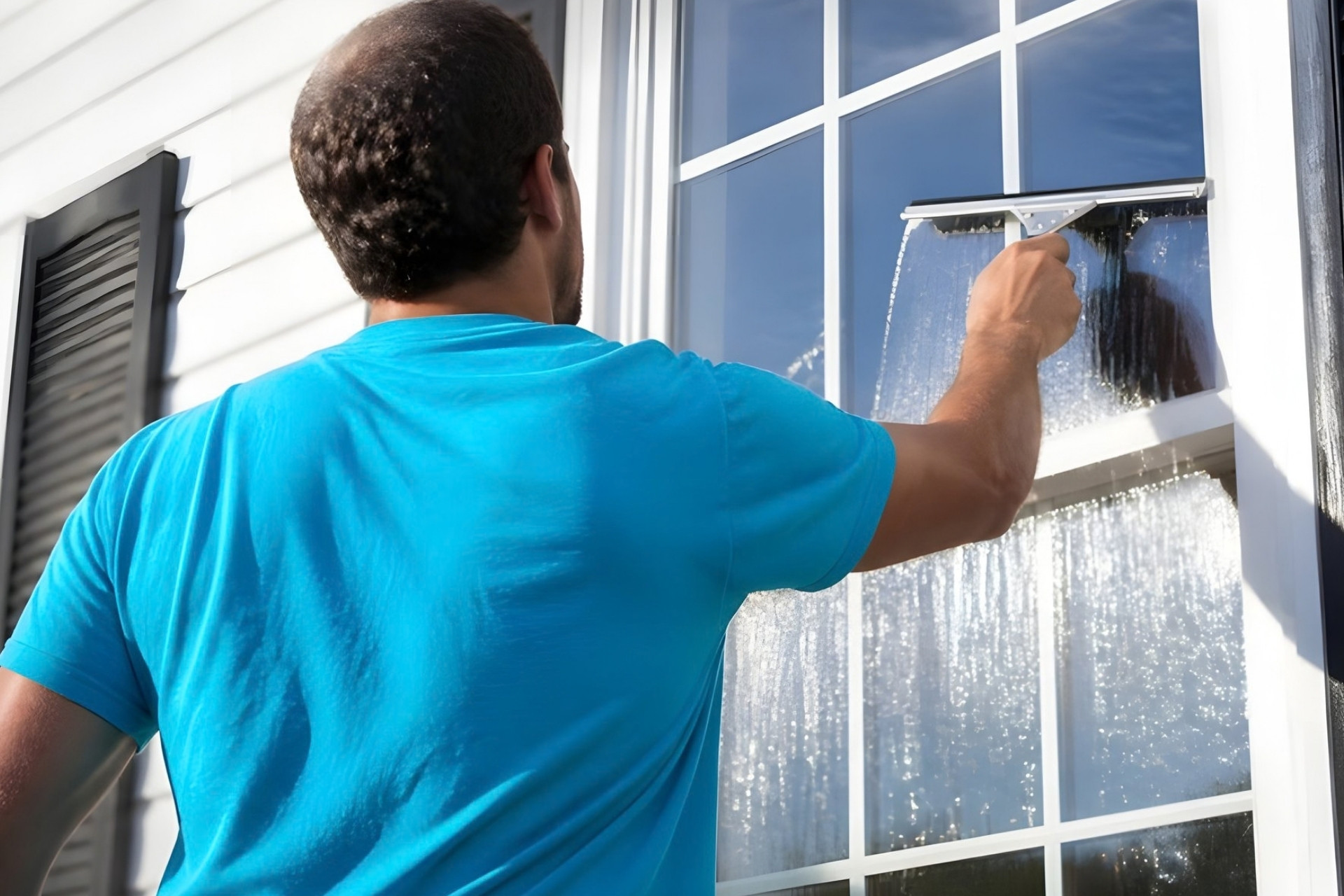 Window cleaner squeegeeing a multi-pane window